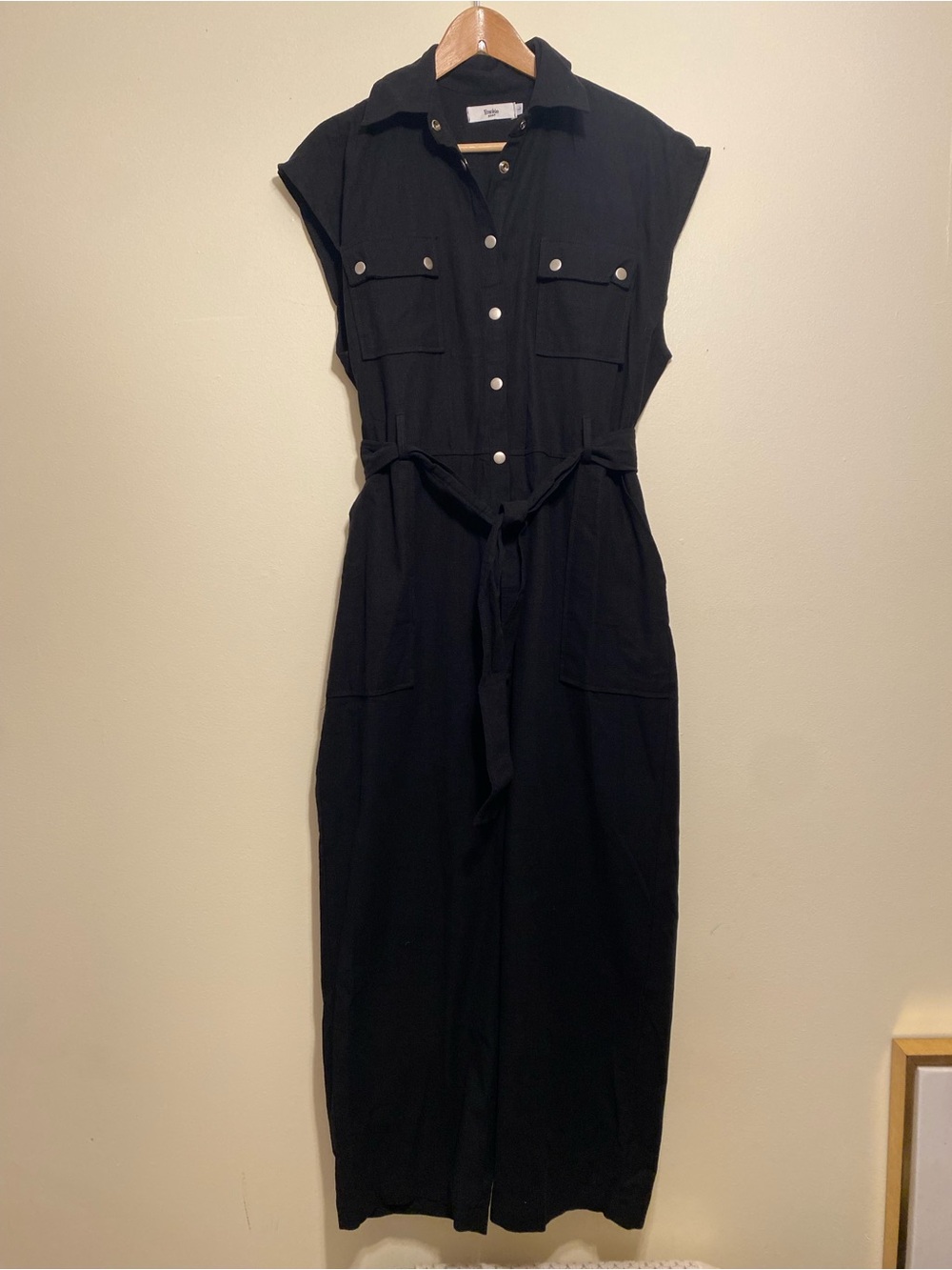 FRANKIE SHOP Cotton Sleeveless Black Button-Front Jumpsuit with Tie Waist. Sz L